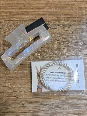 France Luxe L. Erickson Rectangle Claw Clip + Grab & Go Pony Hair Tie - Opal